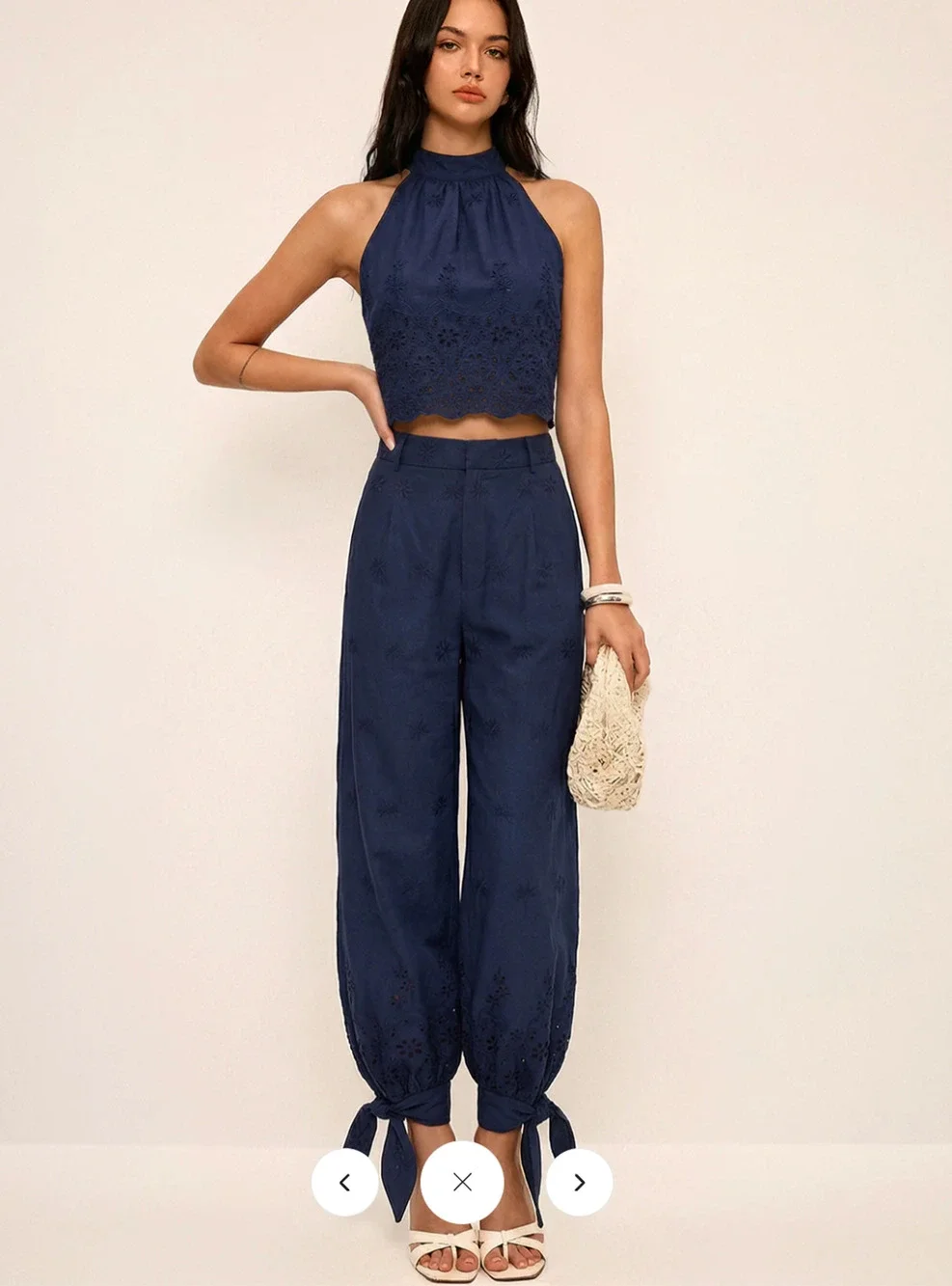 NWT Commense Eyelet Embroidery Top & Tie-Cuff Pants Set Sz M